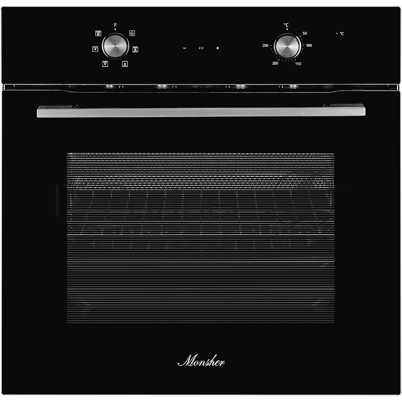 Духовой шкаф MONSHER MOE 6162 Noir, 5 режимов работы, объем духовки 58 л., утапливаемые переключатели, сенсорный таймер, 2 стекла в дверце, энергоэффективность А, цвет: черный,фурнитура серебряная
