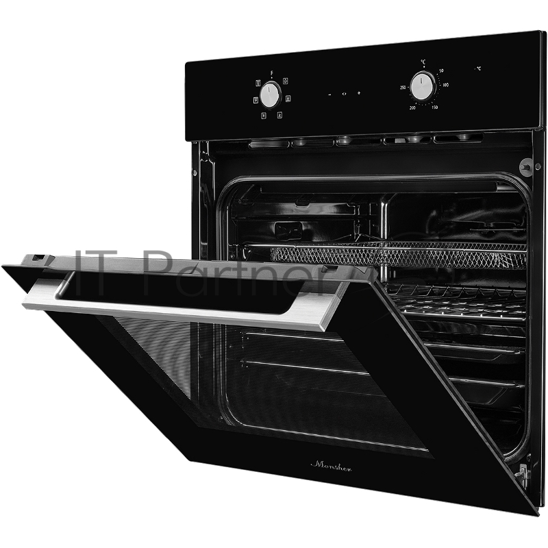 Духовой шкаф MONSHER MOE 6162 Noir, 5 режимов работы, объем духовки 58 л., утапливаемые переключатели, сенсорный таймер, 2 стекла в дверце, энергоэффективность А, цвет: черный,фурнитура серебряная