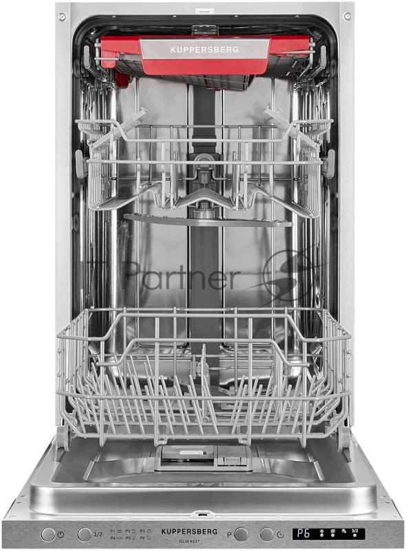 Встраиваемая посудомоечная машина Kuppersberg GLM 4537 Узкая, Полностью встраиваемая, ширина 45 см, 10 комплектов, луч на полу, 3 корзины, 6 программ, 6 температурных режимов , загрузка 1/2, А++