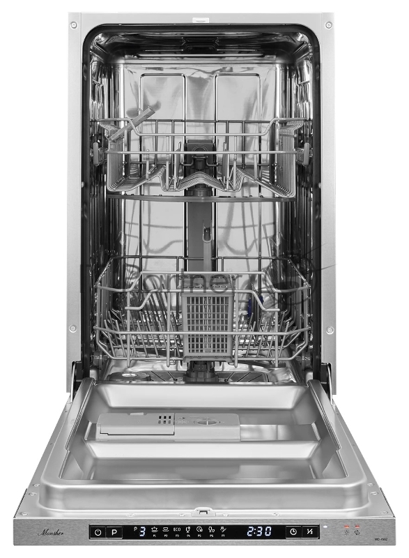 Встраиваемая посудомоечная машина MONSHER MD 4502 полностью встраиваемая, ширина 45 см, Количество корзин: 2, 9 комплектов посуды, Электронное управление, Цифровой дисплей, Отсрочка старта 1-24 часов, программ: Интенсивная, Нормальная, ЕСО, Стекло,