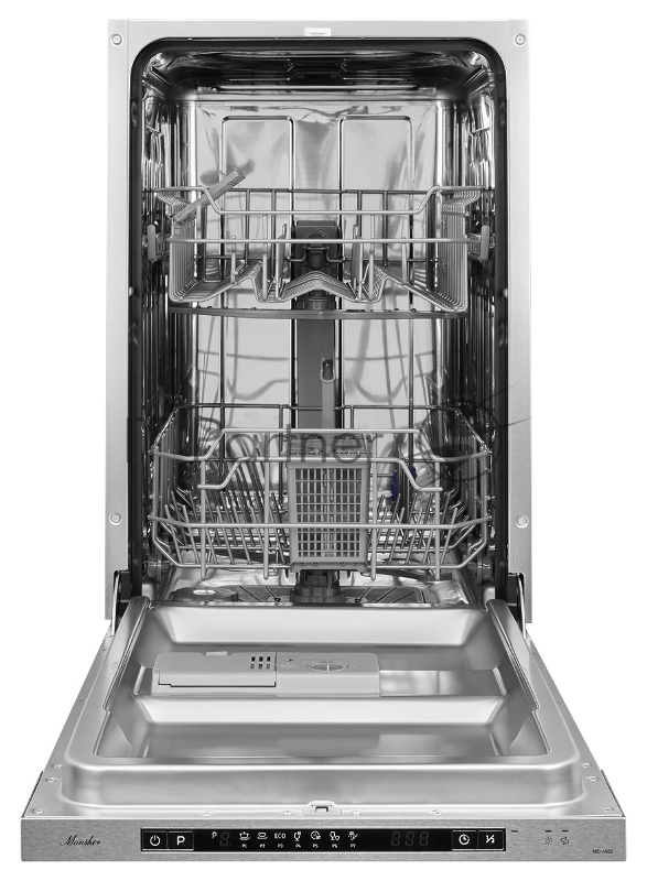 Встраиваемая посудомоечная машина MONSHER MD 4502 полностью встраиваемая, ширина 45 см, Количество корзин: 2, 9 комплектов посуды, Электронное управление, Цифровой дисплей, Отсрочка старта 1-24 часов, программ: Интенсивная, Нормальная, ЕСО, Стекло,