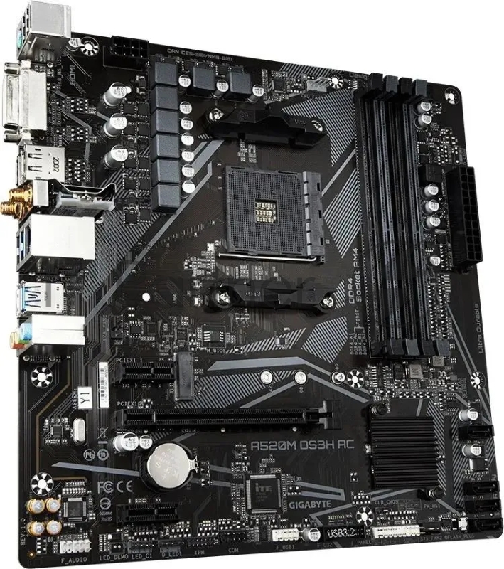 Материнская плата Gigabyte A520M DS3H AC, AM4, AMD A520, 4xDDR4, 4xSATA, 1xM.2, 1xPCIe 3.0 x16, 2xPCIe x1, 1xHDMI, 1xDP, 1xDVI-D, 1x 1Gb LAN, Wi-Fi, Bluetooth, 4xUSB-A 3.2 Gen 1, 2xUSB-A 2.0, 3x3.5 мм, 7.1, mATX