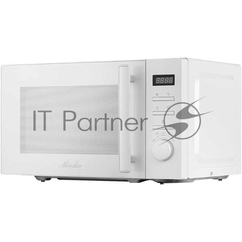 Микроволновая печь MONSHER MTW 203 Blanc, отдельностоящая, 5 уровней мощности, объем 20 л, гриль, поворотный переключатель/кнопочное управление, таймер, 8 автоматических программ, часы, блокировка от детей, поворотный стол, цвет белый