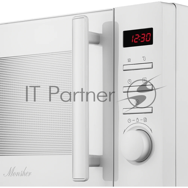 Микроволновая печь MONSHER MTW 203 Blanc, отдельностоящая, 5 уровней мощности, объем 20 л, гриль, поворотный переключатель/кнопочное управление, таймер, 8 автоматических программ, часы, блокировка от детей, поворотный стол, цвет белый