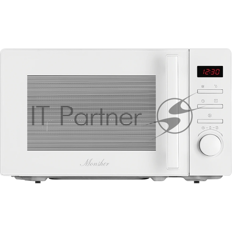 Микроволновая печь MONSHER MTW 203 Blanc, отдельностоящая, 5 уровней мощности, объем 20 л, гриль, поворотный переключатель/кнопочное управление, таймер, 8 автоматических программ, часы, блокировка от детей, поворотный стол, цвет белый