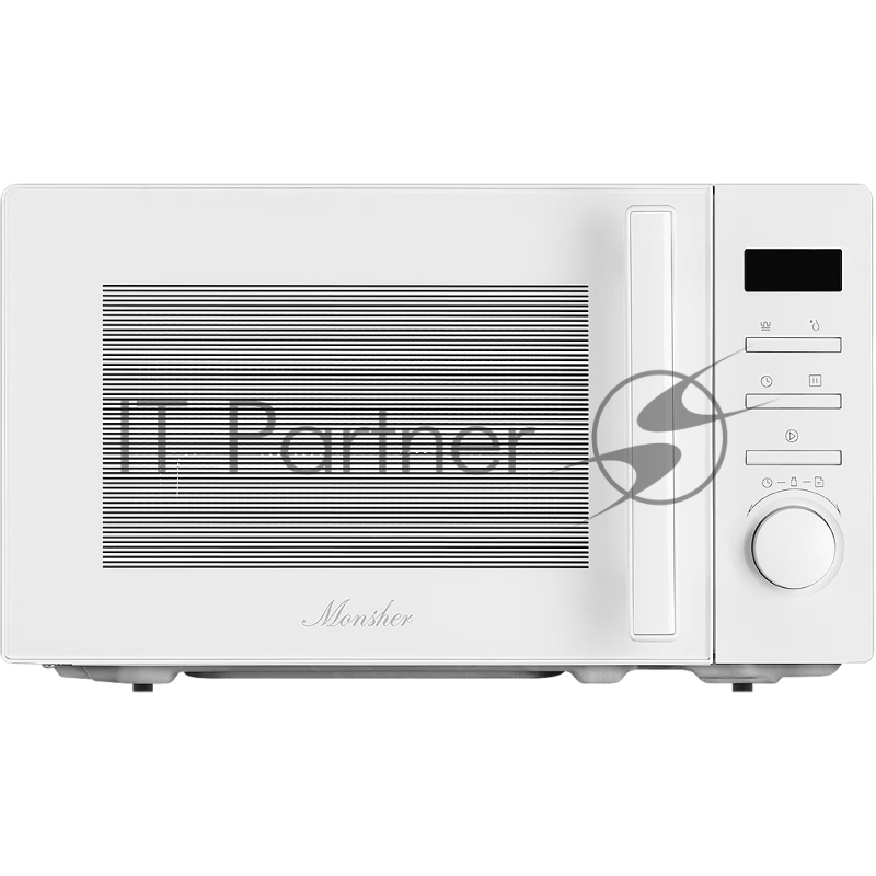 Микроволновая печь MONSHER MTW 203 Blanc, отдельностоящая, 5 уровней мощности, объем 20 л, гриль, поворотный переключатель/кнопочное управление, таймер, 8 автоматических программ, часы, блокировка от детей, поворотный стол, цвет белый
