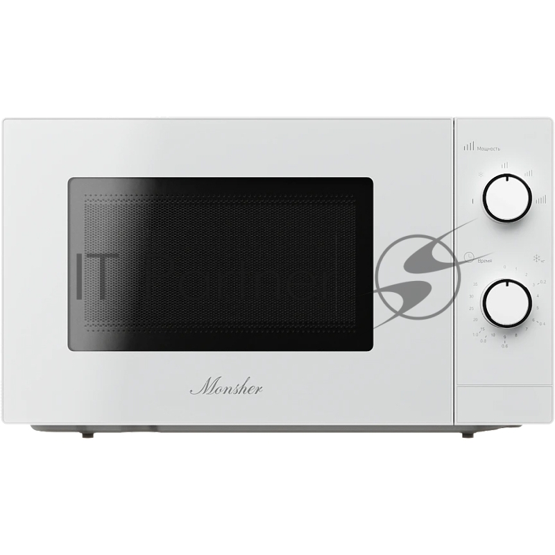 Микроволновая печь MONSHER MTW 204 Blanc, отдельностоящая, 5 уровней мощности, объем 20 л, гриль, поворотный переключатель/кнопочное управление, таймер, блокировка от детей, поворотный стол, цвет белый