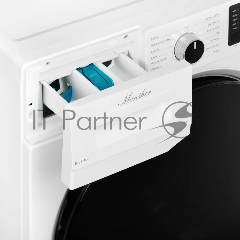 Стиральная машина MONSHER MWM 595 Blanc, High-Tech, загрузка 12 кг, 15 программ, 1400 об/мин. кнопочное/механическое управление, инверторный двигатель, отложенный старт, самодиагностика, блокировка от детей, энергоэффективность А+++, цвет белый