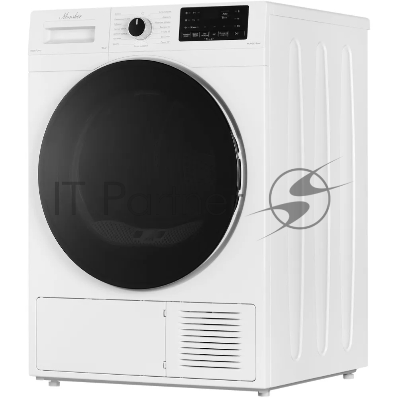 Сушильная машина MONSHER MDM 595 Blanc, High-Tech, загрузка 10 кг, 15 программ, тепловой насос, подсветка барабана, отсрочка старта, электронное управление, блокировка от детей, энергоэффективность А+, цвет белый