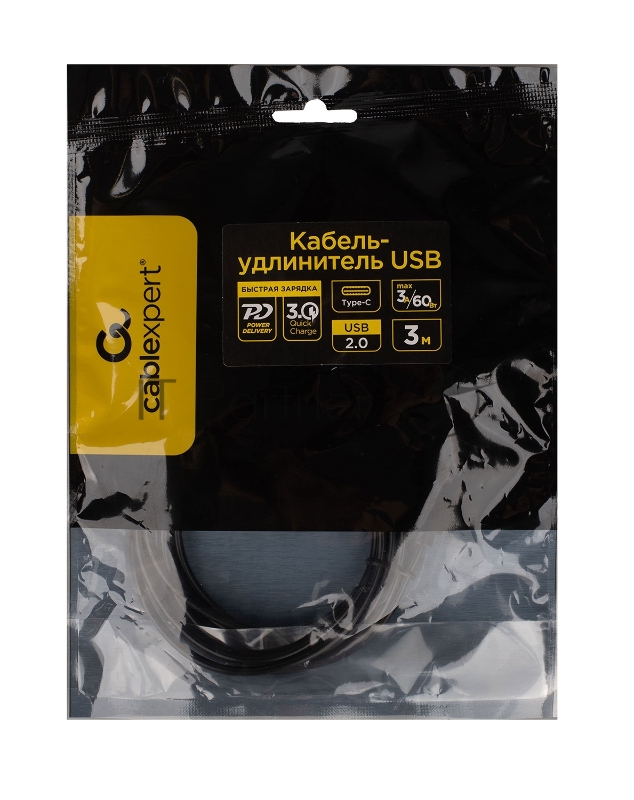 Кабель-удлинитель USB2.0 Cablexpert CCP-USB2-CMCF-3M, Type-C(М)/Type-C(F), 3А, 60Вт, PD/QC3.0, медь, Pro, 3м, черный, пакет