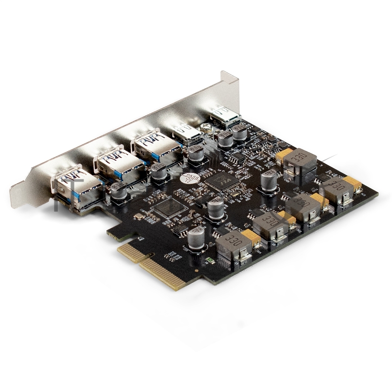 Контроллер ExeGate EXE-313-3A2C (PCI-E x4 v3.0, USB3.2 Gen2 3xType-A + 2xType-C ext., SuperSpeed+ скорость до 10 Гбит/с, разъем доп.питания, ASMedia Chipset ASM3142)