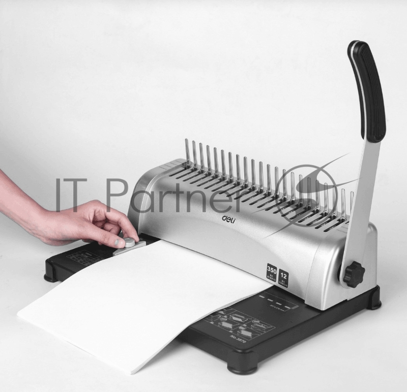 Переплетная машина (брошюровщик) Deli E3870 (брошюровщик), кол-во пробиваемых листов 12, объем переплета 350 л.,21 отверстие