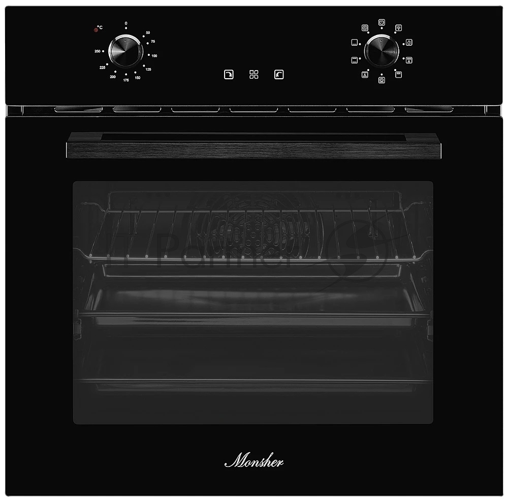 Встраиваемый электрический духовой шкаф MONSHER MOE 6092 Noir, 9 режимов: Традиционный нагрев, Макси-Гриль, Макси-Гриль с конвекцией, Нижний нагрев, Разморозка, Традиционный нагрев с конвекцией, Режим подсветка, Конвекция, Режим пицца, утапливаемые п