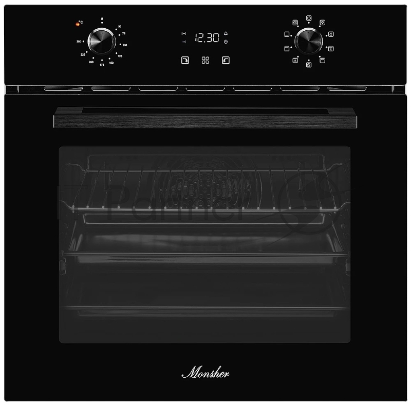 Встраиваемый электрический духовой шкаф MONSHER MOE 6092 Noir, 9 режимов: Традиционный нагрев, Макси-Гриль, Макси-Гриль с конвекцией, Нижний нагрев, Разморозка, Традиционный нагрев с конвекцией, Режим подсветка, Конвекция, Режим пицца, утапливаемые п