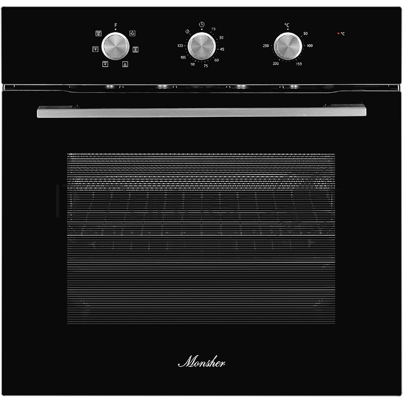 Духовой шкаф MONSHER MOE 6062 Noir, 5 режимов работы, объем духовки 58 л., утапливаемые переключатели, механический таймер, 2 стекла в дверце, энергоэффективность А, цвет: черный,фурнитура серебряная