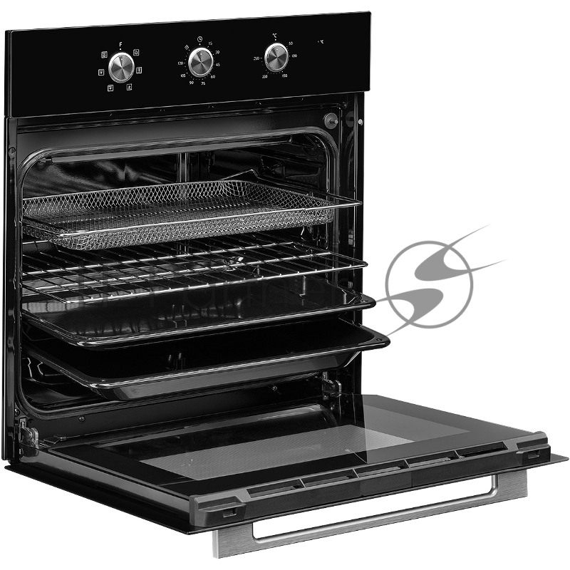 Духовой шкаф MONSHER MOE 6062 Noir, 5 режимов работы, объем духовки 58 л., утапливаемые переключатели, механический таймер, 2 стекла в дверце, энергоэффективность А, цвет: черный,фурнитура серебряная