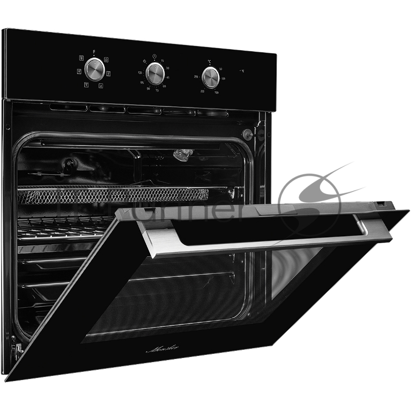 Духовой шкаф MONSHER MOE 6062 Noir, 5 режимов работы, объем духовки 58 л., утапливаемые переключатели, механический таймер, 2 стекла в дверце, энергоэффективность А, цвет: черный,фурнитура серебряная