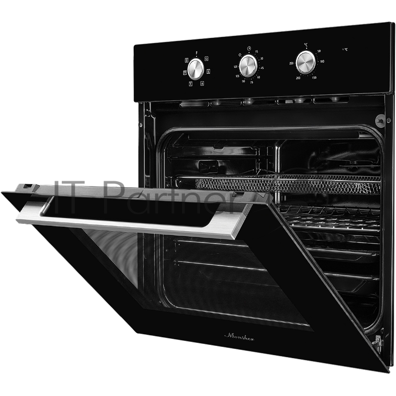 Духовой шкаф MONSHER MOE 6062 Noir, 5 режимов работы, объем духовки 58 л., утапливаемые переключатели, механический таймер, 2 стекла в дверце, энергоэффективность А, цвет: черный,фурнитура серебряная