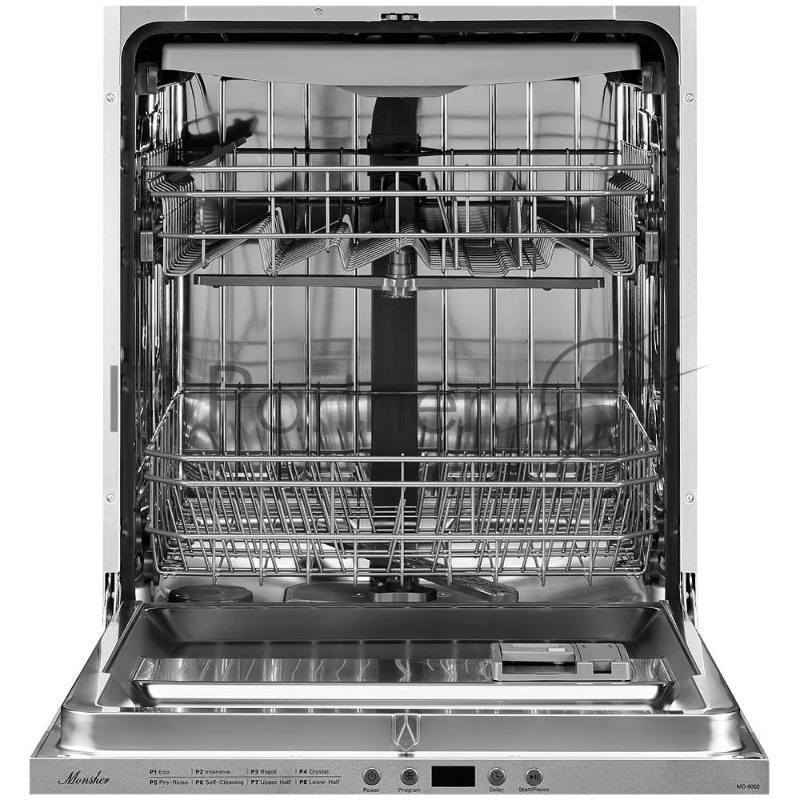 Встраиваемая посудомоечная машина MONSHER MD 6002, High-Tech, 60 см, 14 комплектов, 8 программ, 3 корзины, белый LED дисплей, 1 разбрызгиватель, кнопочное управление, автоматическое открытие дверцы, полная защита от протечек, самодиагностика неисправ