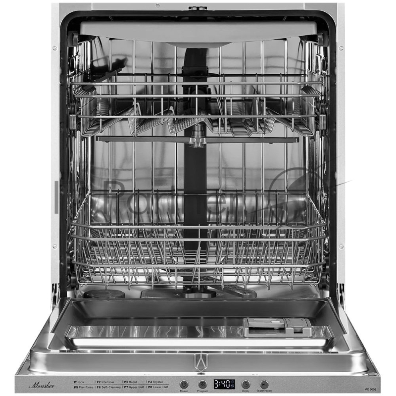 Встраиваемая посудомоечная машина MONSHER MD 6002, High-Tech, 60 см, 14 комплектов, 8 программ, 3 корзины, белый LED дисплей, 1 разбрызгиватель, кнопочное управление, автоматическое открытие дверцы, полная защита от протечек, самодиагностика неисправ