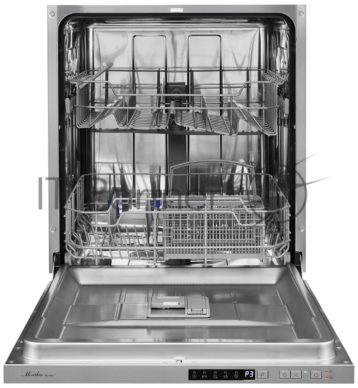 Встраиваемая посудомоечная машина MONSHER MD 6001, ширина 60 см, Количество корзин: 3, 12 комплектов посуды, Кнопочное управление, Отсрочка старта 1-24 часов, 5 программ: Авто, ЭКО, 90 мин, Самоочистка, Быстрая, Половинная загрузка, Индикаторы отсутс
