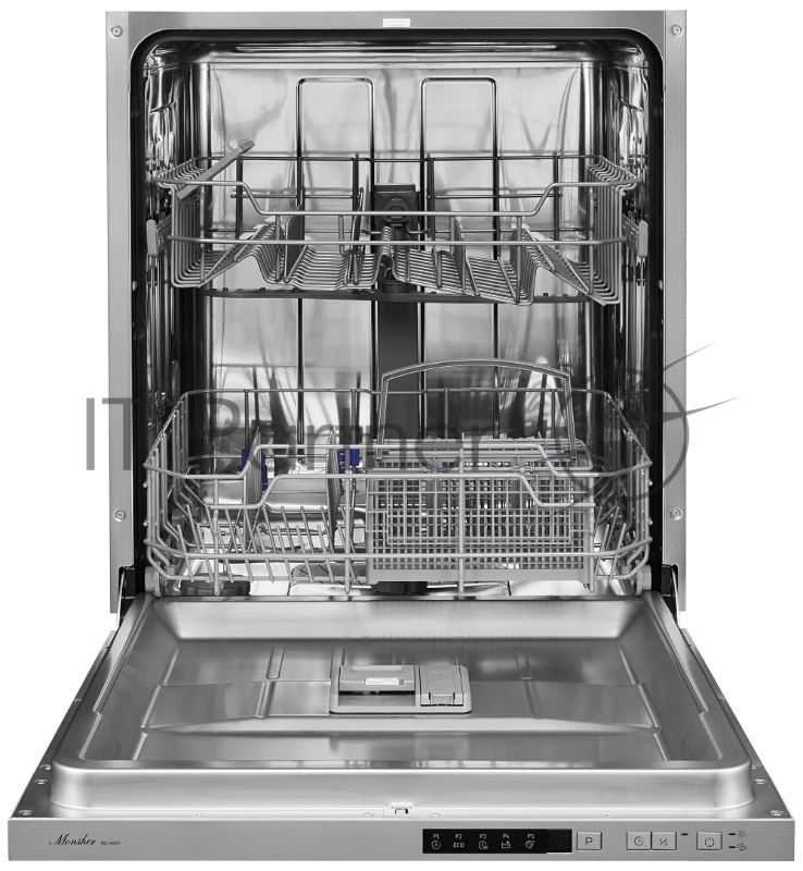 Встраиваемая посудомоечная машина MONSHER MD 6001, ширина 60 см, Количество корзин: 3, 12 комплектов посуды, Кнопочное управление, Отсрочка старта 1-24 часов, 5 программ: Авто, ЭКО, 90 мин, Самоочистка, Быстрая, Половинная загрузка, Индикаторы отсутс