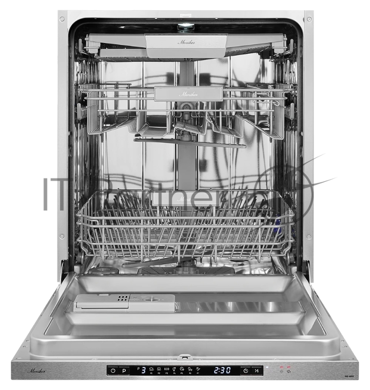 Встраиваемая посудомоечная машина MONSHER MD 6004, ширина 60 см, Количество корзин: 3, 14 комплектов посуды, Электронное управление, Цифровой дисплей, Отсрочка старта 1-24 часов, Луч на полу, Внутреннее освещение, программ: Интенсивная, Нормальная, Е