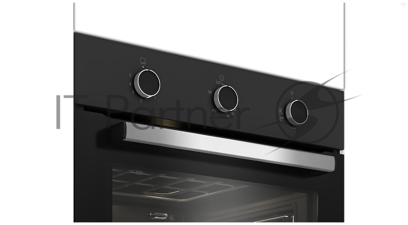 Газовый духовой шкаф Beko BBIH12100BC с откидным электрическим грилем и конвекцией автоматический электроподжиг поворотные переключатели металлические направляющие объем - 72л 3 стекла дверцы 1 решетка 1 противень вертел. Цвет: Черный Материал панели