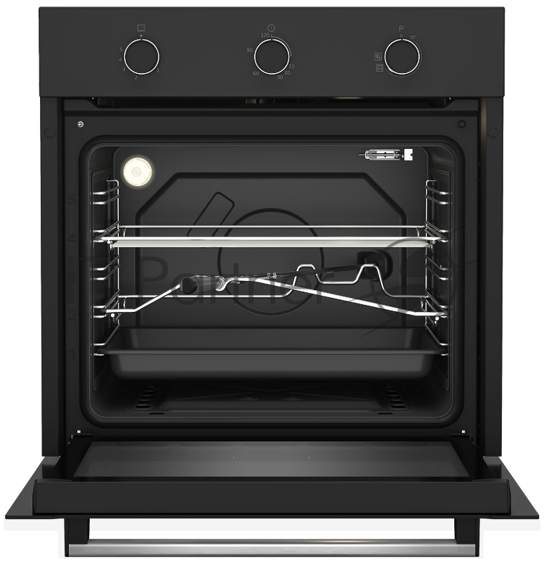 Газовый духовой шкаф Beko BBIH12100BC с откидным электрическим грилем и конвекцией автоматический электроподжиг поворотные переключатели металлические направляющие объем - 72л 3 стекла дверцы 1 решетка 1 противень вертел. Цвет: Черный Материал панели