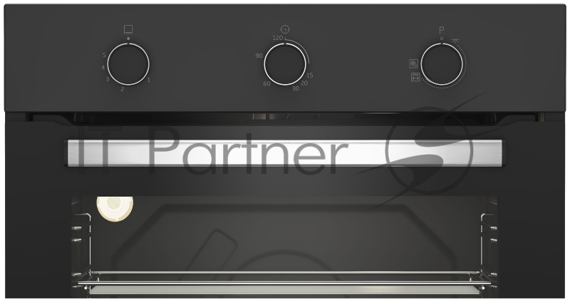 Газовый духовой шкаф Beko BBIH12100BC с откидным электрическим грилем и конвекцией автоматический электроподжиг поворотные переключатели металлические направляющие объем - 72л 3 стекла дверцы 1 решетка 1 противень вертел. Цвет: Черный Материал панели