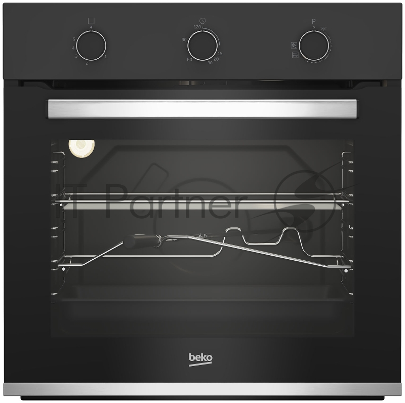 Газовый духовой шкаф Beko BBIH12100BC с откидным электрическим грилем и конвекцией автоматический электроподжиг поворотные переключатели металлические направляющие объем - 72л 3 стекла дверцы 1 решетка 1 противень вертел. Цвет: Черный Материал панели