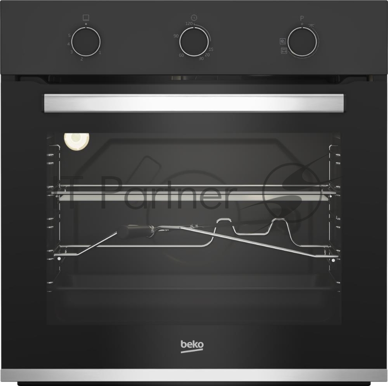 Газовый духовой шкаф Beko BBIH12100BC с откидным электрическим грилем и конвекцией автоматический электроподжиг поворотные переключатели металлические направляющие объем - 72л 3 стекла дверцы 1 решетка 1 противень вертел. Цвет: Черный Материал панели