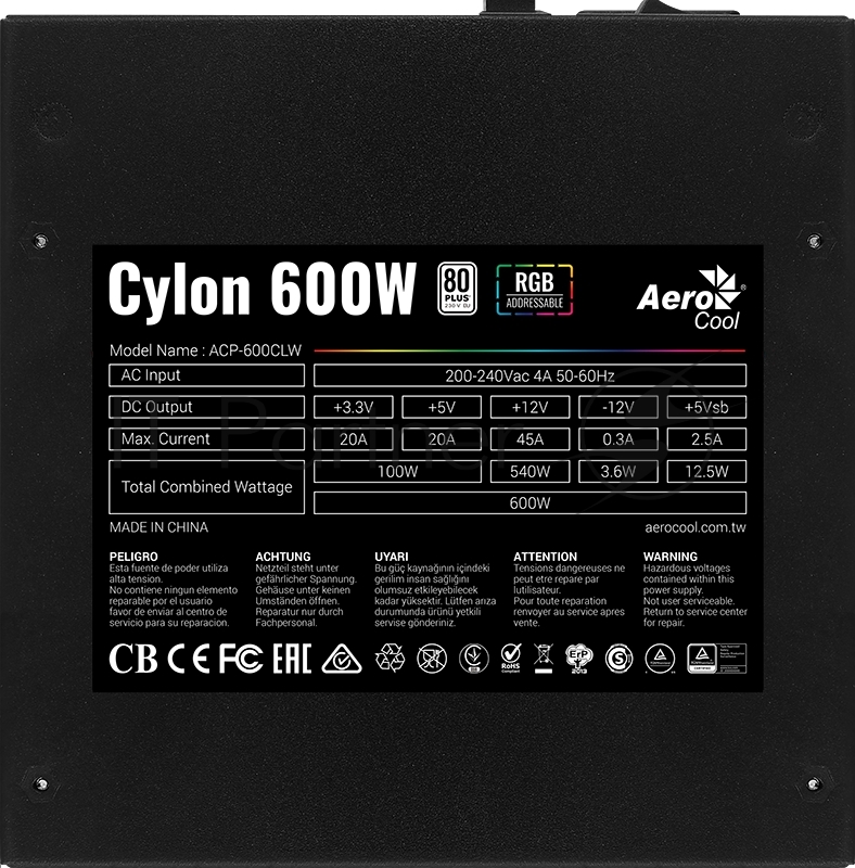 Блок питания Aerocool / Formula CYLON 600, 600Вт, 80 PLUS, 120мм, черный