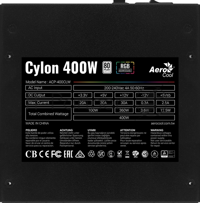 Блок питания Aerocool / Formula CYLON 400, 400Вт, 80 PLUS, 120мм, черный