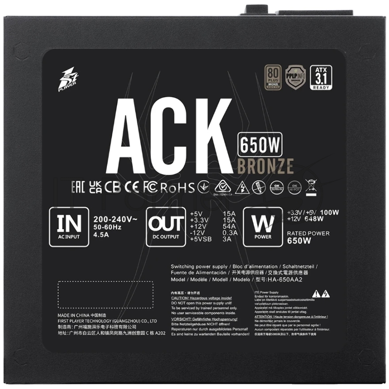 Блок питания 1STPLAYER ACK BRONZE 650W Black (HA-650AA2), 650Вт, 80 PLUS Bronze, 140мм, черный