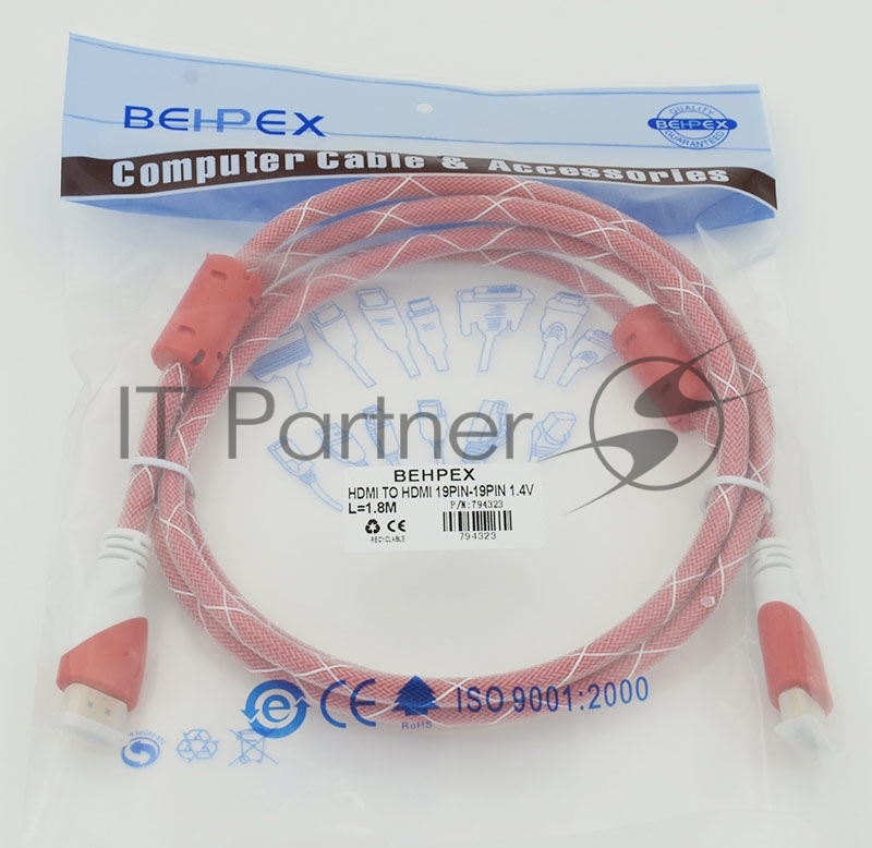Кабель HDMI Ver.1.4 Red jack HDMI19 (m)/HDMI19 (m) 1.8м феррит.кольца позолоченные контакты