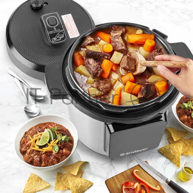 Скороварка-мультиварка электрическая Endever Vita-133, черный/стальной, мощность 1200 Вт, емкость 6л, 12 авторежимов работы, книга рецептов, 2 шт/уп.