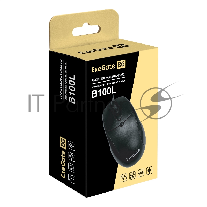 Мышь ExeGate Professional Standard B100L (USB, оптическая, 1000dpi, 3D, 3 кнопки и колесо прокрутки, длина кабеля 2м, черный, Color Box)