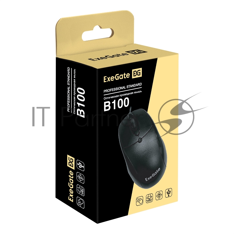 Мышь ExeGate Professional Standard B100 (USB, оптическая, 1000dpi, 3D, 3 кнопки и колесо прокрутки, длина кабеля 1,5м, черный, Color Box)