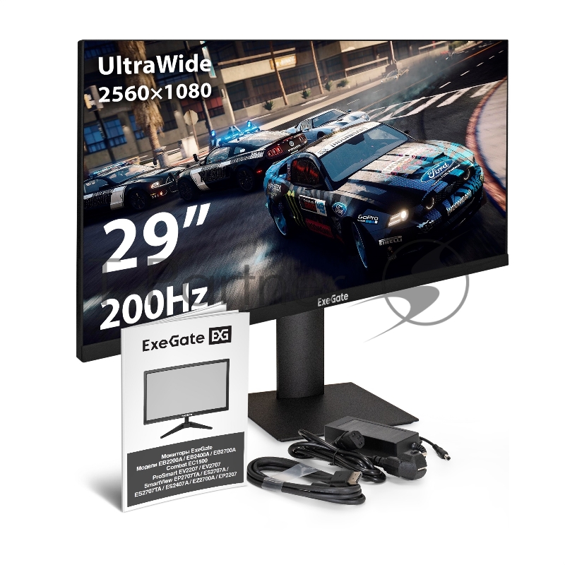 Монитор игровой с аудио 29 WFHD 200 Гц ExeGate Combat EC1500 (IPS LED Grade A+, 2K, 2560x1080@200Гц (WFHD), 21:9, 250 cd/m2, 1000:1, 178°/178°, 1ms, Speakers, 2xHDMI2.0, 2xDisplayPort, audio-out, RGB-подсветка, FreeSync, Low Blue Light, кабель DP 1.5