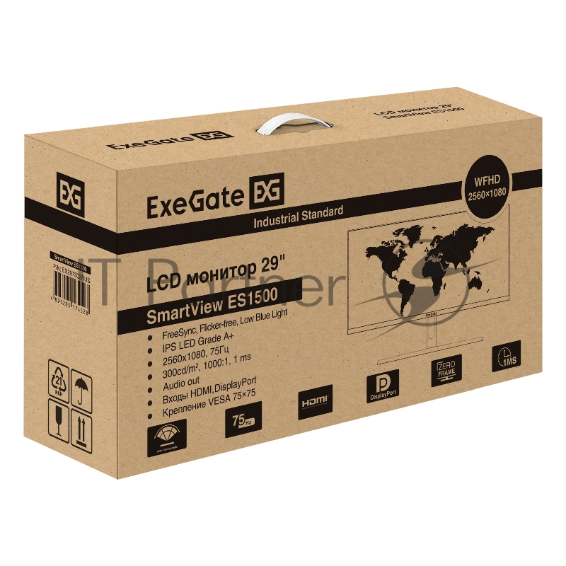 Монитор с аудио выходом 29 WFHD ExeGate SmartView ES1500 (IPS LED Grade A+, 2K, 2560x1080@75Гц (WFHD), 21:9, 300cd/m2, 1000:1, 178°/178°, 1ms, HDMI, DisplayPort, USB, audio-out, Flicker-free, FreeSync, Low Blue Light, кабель HDMI 1.5м, VESA 75x75, ре