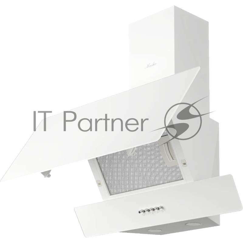 Наклонная вытяжка Monsher ROUEN 60 Blanc Verre, 60 см, производительность 700 м3/ч, 3 скорости, турбо режим, механическое управление, уровень шума 53 дБ, LED освещение, угольный фильтр KFM 101 (опция), цвет белый