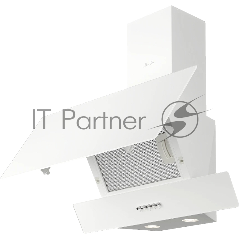 Наклонная вытяжка Monsher ROUEN 60 Blanc Verre, 60 см, производительность 700 м3/ч, 3 скорости, турбо режим, механическое управление, уровень шума 53 дБ, LED освещение, угольный фильтр KFM 101 (опция), цвет белый