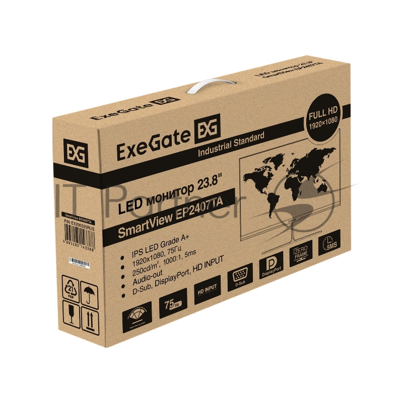 Монитор с внутренним БП и аудио выходом 23.8 ExeGate SmartView EP2407TA (IPS LED Grade A+, FHD, 1920x1080@75Гц, 16:9, 250cd/m2, 1000:1, 178°/178°, 5ms, D-Sub, HDMI2.0, DisplayPort, audio-out, встроенный БП, FreeSync, Flicker-free, Low Blue Light, каб