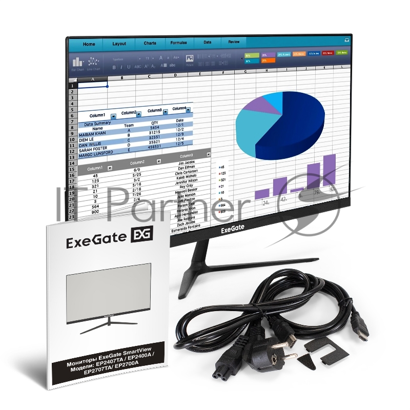 Монитор с внутренним БП и аудио выходом 23.8 ExeGate SmartView EP2407TA (IPS LED Grade A+, FHD, 1920x1080@75Гц, 16:9, 250cd/m2, 1000:1, 178°/178°, 5ms, D-Sub, HDMI2.0, DisplayPort, audio-out, встроенный БП, FreeSync, Flicker-free, Low Blue Light, каб