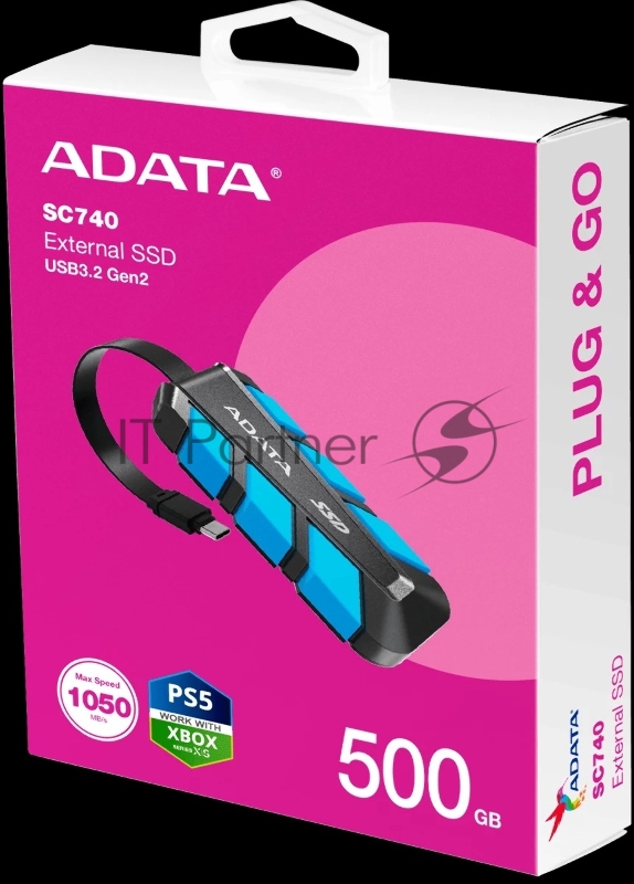 Внешний SSD ADATA SC740 чёрно-синий <SC740-500G-CBU> 500Gb (USB3.2 gen 2 type C, 1050/1000Mbs, 122x41x22mm, 40g, защита от падения, встроенный кабель)