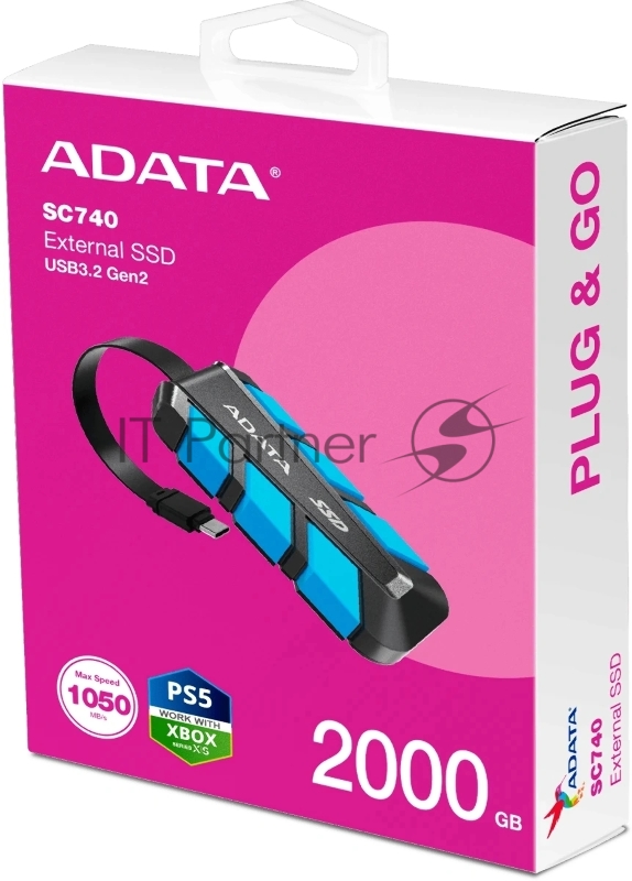 Внешний SSD ADATA 2.0Tb SC740 <SC740-2000G-CBU> (USB3.2 gen 2 type C, 1050/1000Mbs, 122x41x22mm, 40g, защита от падения, встроенный кабель)