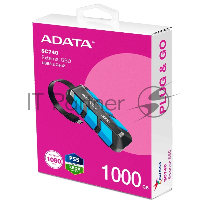 Внешний SSD ADATA 1.0Tb SC740 <SC740-1000G-CBU> (USB3.2 gen 2 type C, 1050/1000Mbs, 122x41x22mm, 40g, защита от падения, встроенный кабель)
