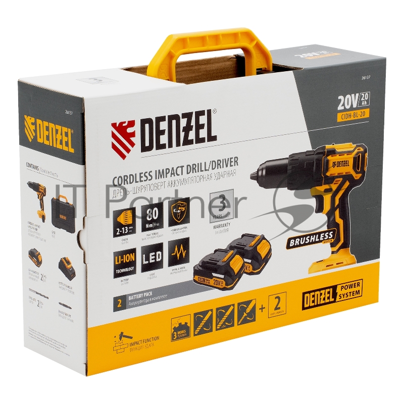 Дрель-шуруповерт аккумуляторная ударная бесщет. CIDH-BL-20, Li-Ion, 20 В// Denzel