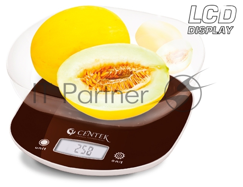 Весы кухонные Centek CT-2456 (шоколад) электр., max 7кг(!!!), шаг 1г, большая съемная чаша, дисплей